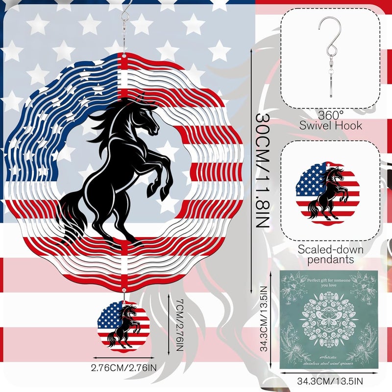 INCOK Horse Wind Spinners Outdoor - Horse Gifts for Men Women, American Flag Wind Chime for Outside, Hanging Metal Wind Sculptures for Garden Indoor Patio Lawn Yard, Veterans Day - Image 5